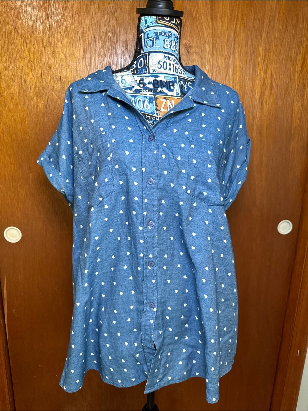 RNB Women's Blue Heart-Print Button Down Shirt